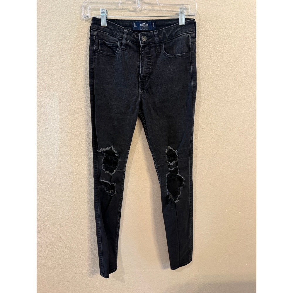 Hollister High Rise Super Skinny Distressed Black Jeans Womens 3L W26 L30 Long